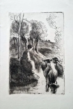 蚀刻版画 Pissarro - Vachère au bord de l'eau