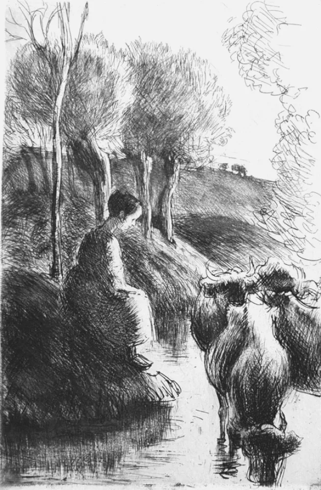 蚀刻版画 Pissarro - Vachère au bord de l'eau