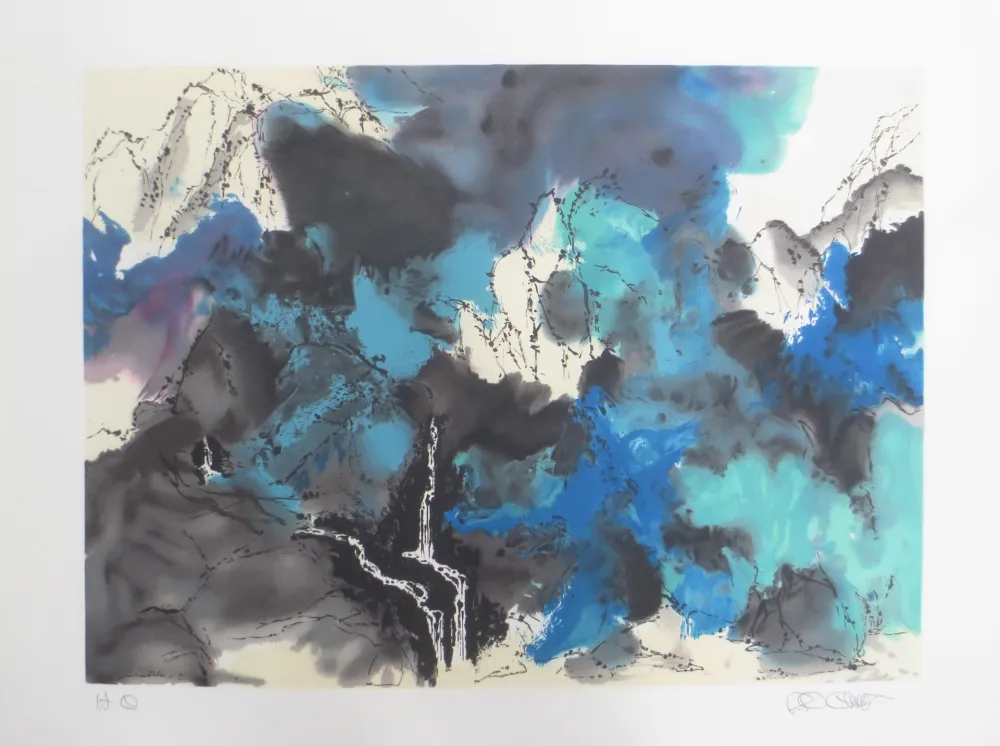 石版画 Po Chung - Mountain and stream in mist