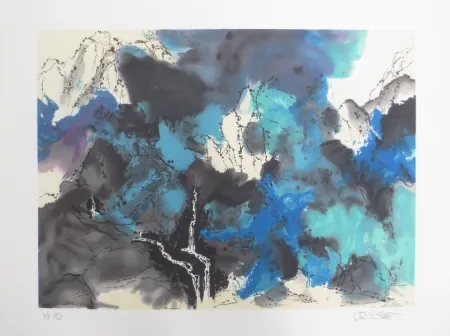 石版画 Po Chung - Mountain and stream in mist