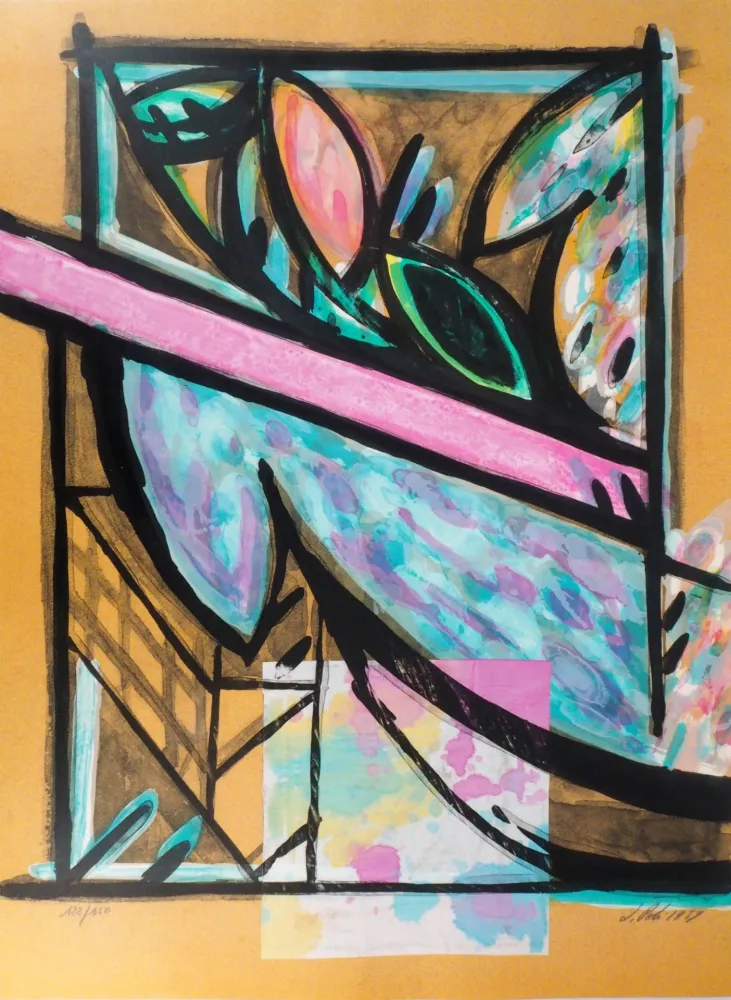 石版画 Poli - Perruches à la fenêtre