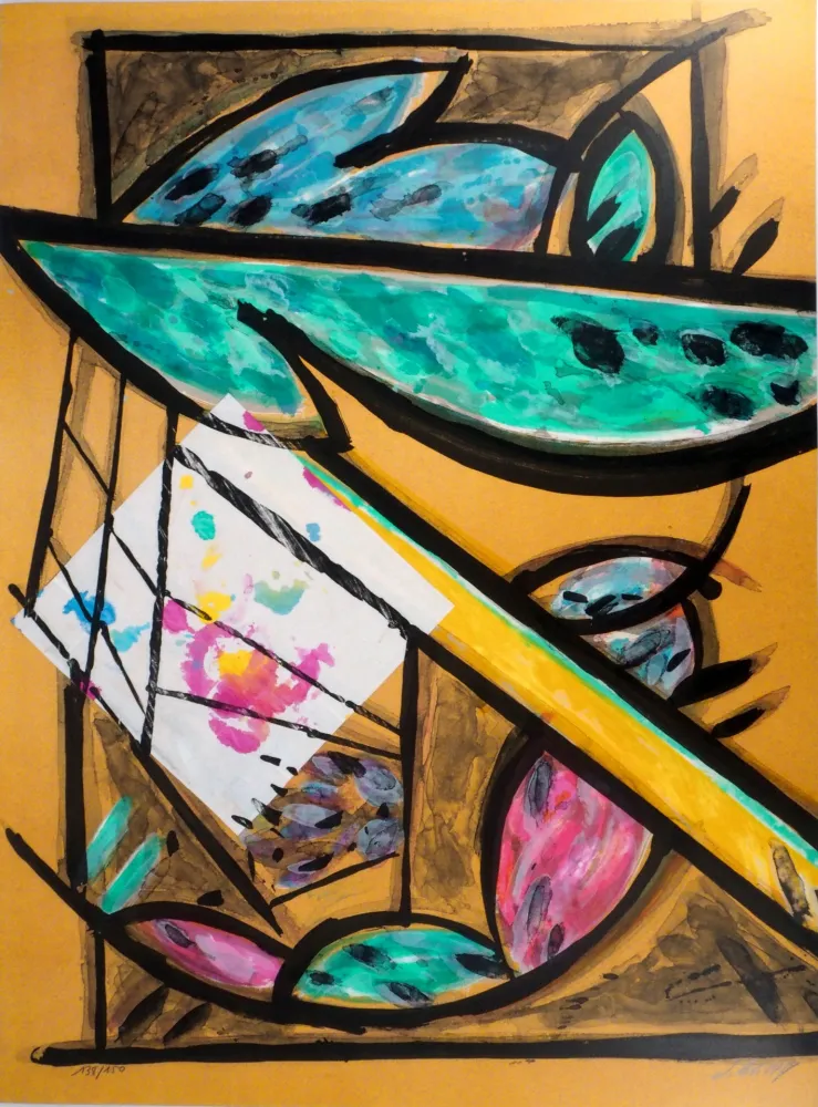 石版画 Poli - Perruches dans le jardin