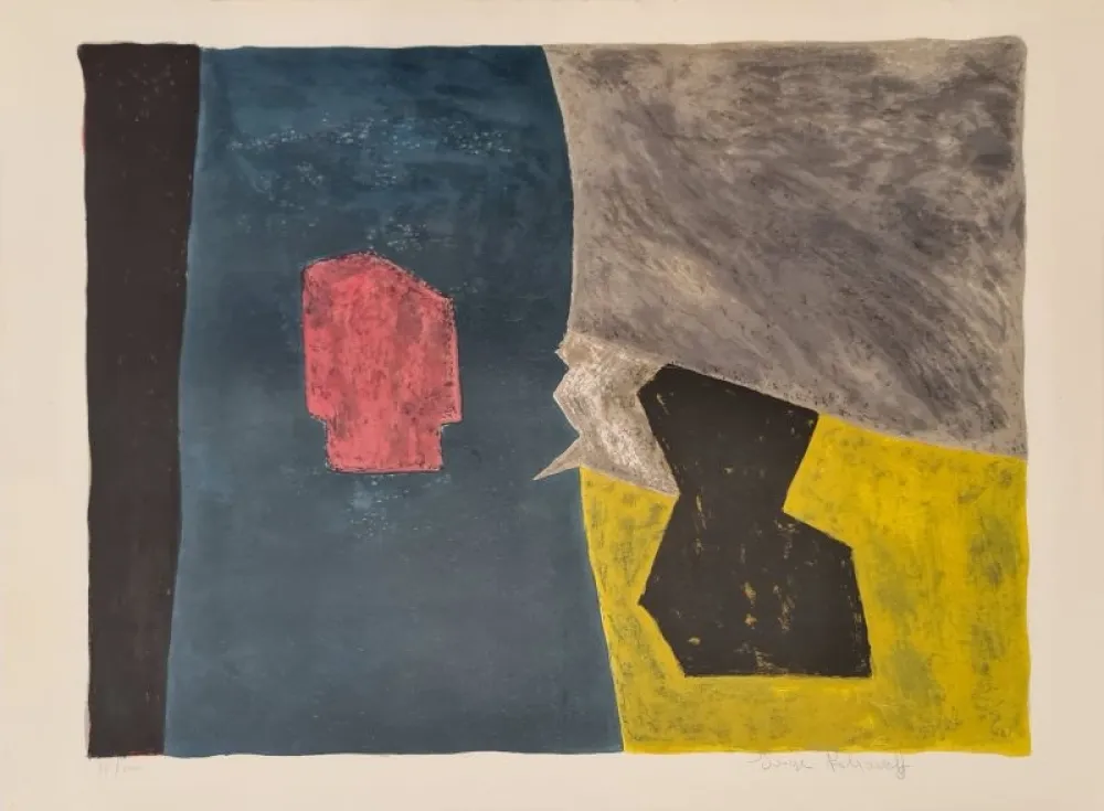 石版画 Poliakoff - Composition bleue, jaune et grise L16 