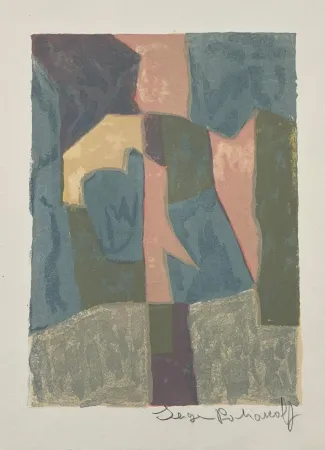 石版画 Poliakoff - Composition bleue, rose et grise L30 
