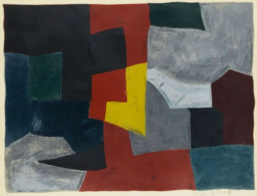 石版画 Poliakoff - Composition grise, rouge et jaune L27 