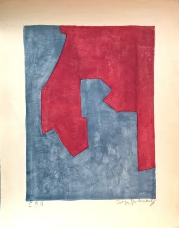 石版画 Poliakoff - Composition Rouge et Bleue n°49 