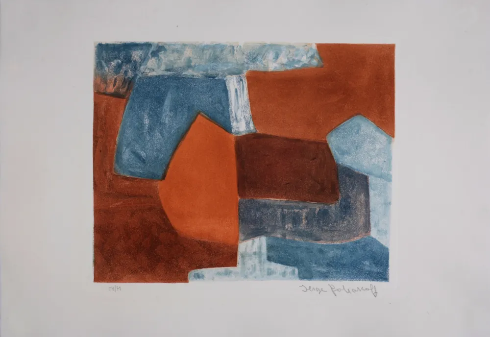 飞尘腐蚀法 Poliakoff - Composition rouge et bleue XXXVI, 1969 - Hand-signed