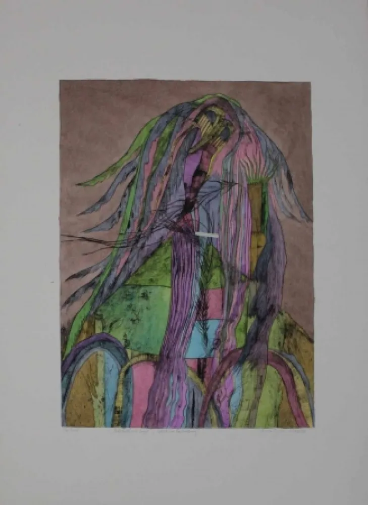 干刻版画 Pyroth - Pelzhaus mit Engel.  Schutz vor Bedrohung