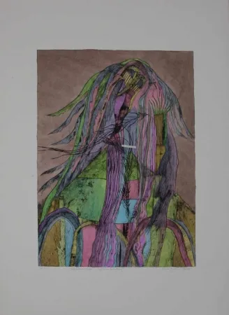 干刻版画 Pyroth - Pelzhaus mit Engel.  Schutz vor Bedrohung