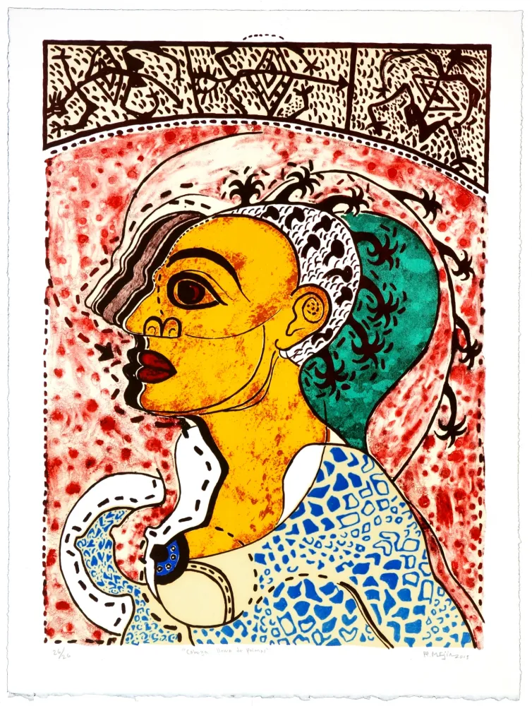 石版画 Radhamès - Cabeza llena de palmas