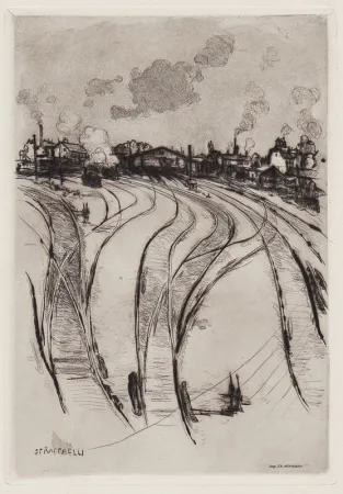 版画 Raffaelli - La Gare du Champ-de-Mars