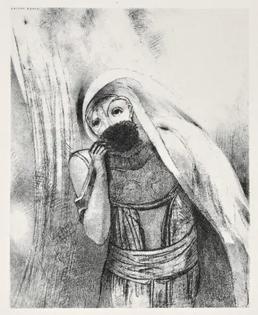 石版画 Redon - Elle tire de sa poitrine une éponge toute noire, la couvre de baisers (from la Tentation de Saint Antoine, troisième série)
