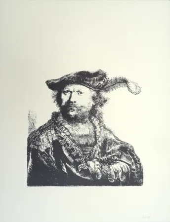 石版画 Rembrandt - Autoportrait au béret et à la plume