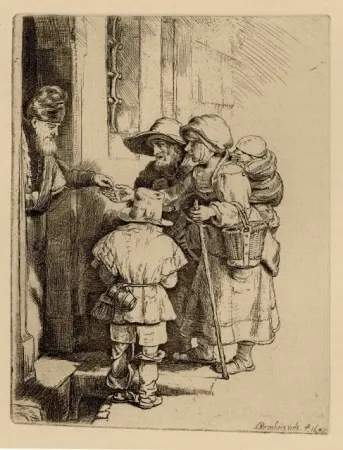 版画 Rembrandt - Beggars Receiving Alms at the Door of a House