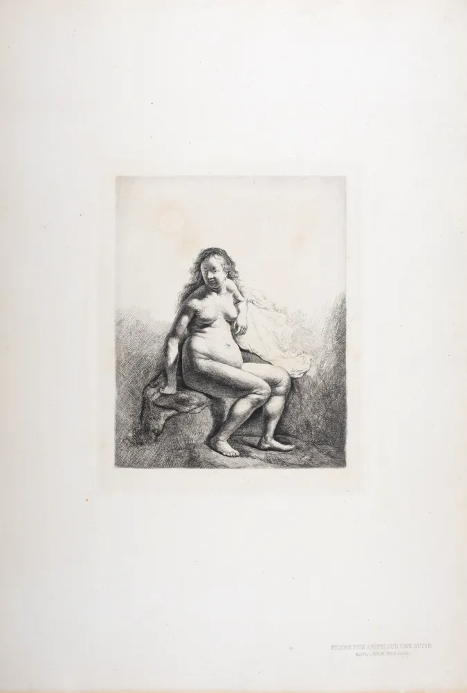 照相凹版 Rembrandt - Femme nue assise sur une butte