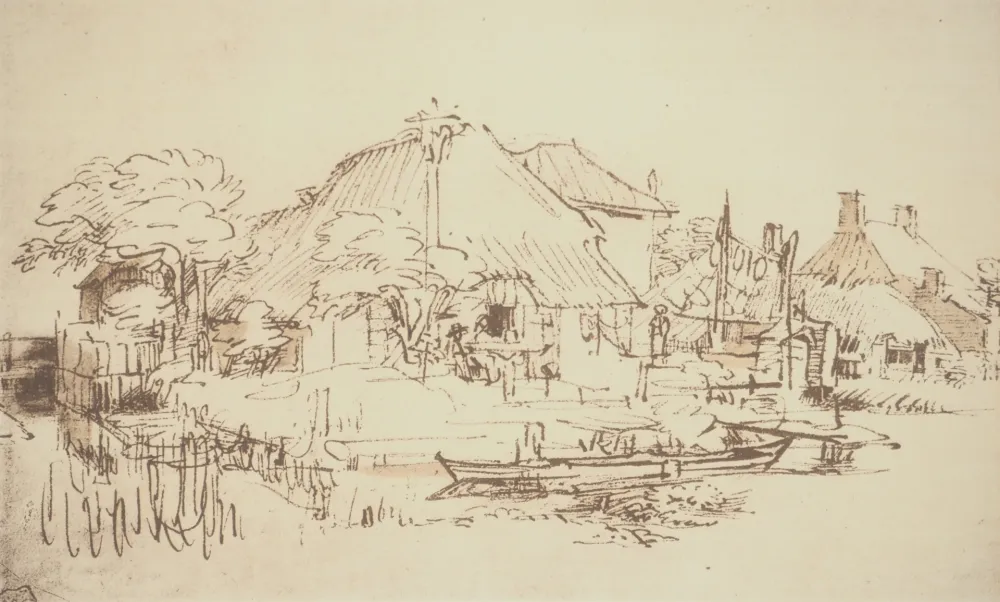 石版画 Rembrandt - Maisons sur le bord d'un canal