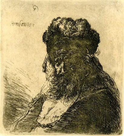 版画 Rembrandt - 	Old Bearded Man in a High Fur Cap, with Eyes Closed, c. 1635