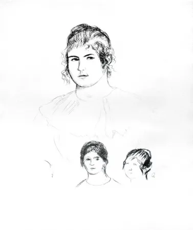 石版画 Renoir - Jeune fille en buste et etudes de têtes (ou Gabrielle) [Three Sketches of Faces, Gabrielle]