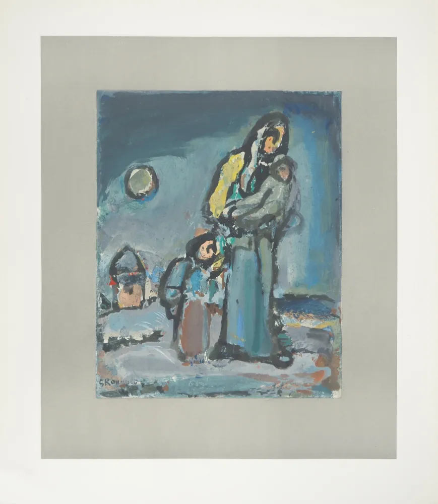 石版画 Rouault - L'Hiver, Famille marchant dans la neige, c