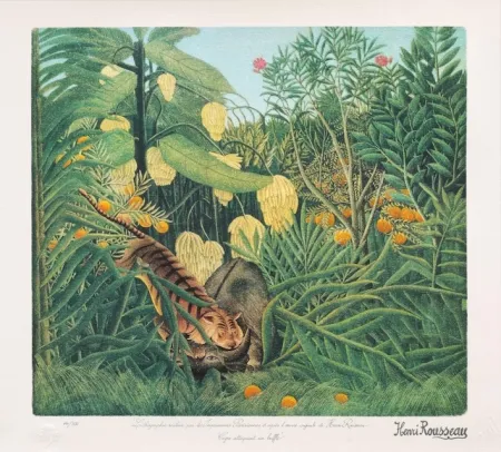 石版画 Rousseau - Tigre atacando a un búfalo