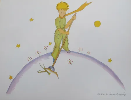 石版画 Saint-Exupéry - Le petit prince sur sa planéte