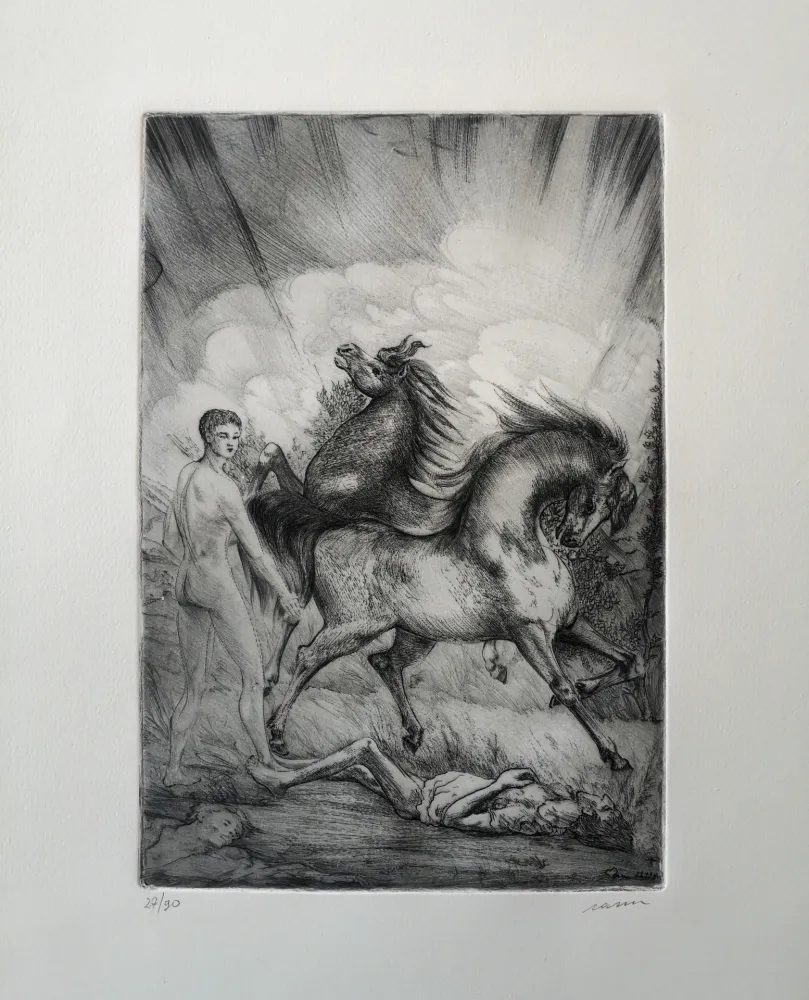 蚀刻版画 Sassu - Le cavalle ucraine sconvolgono la terra senza pietà.