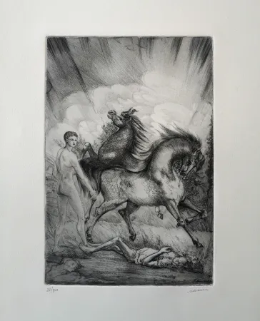 蚀刻版画 Sassu - Le cavalle ucraine sconvolgono la terra senza pietà.