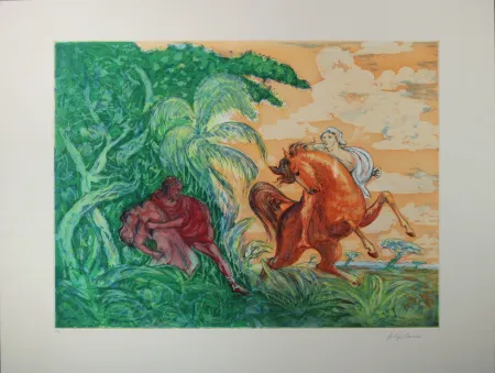 蚀刻版画 Sassu - Lopez De Aguirre uccide la figlia en Barquisimeto