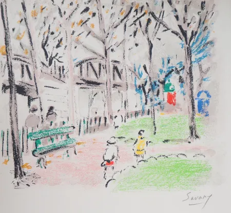 石版画 Savary - Paris, Parc près du métro aérien