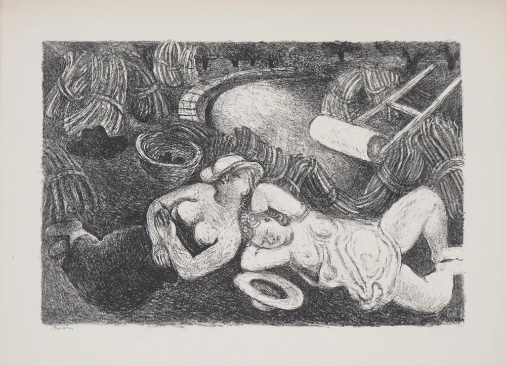 石版画 Savin  - Moissons, le repos des faneuses