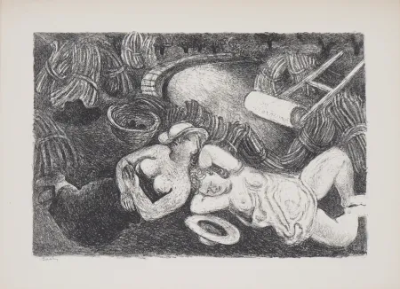 石版画 Savin  - Moissons, le repos des faneuses