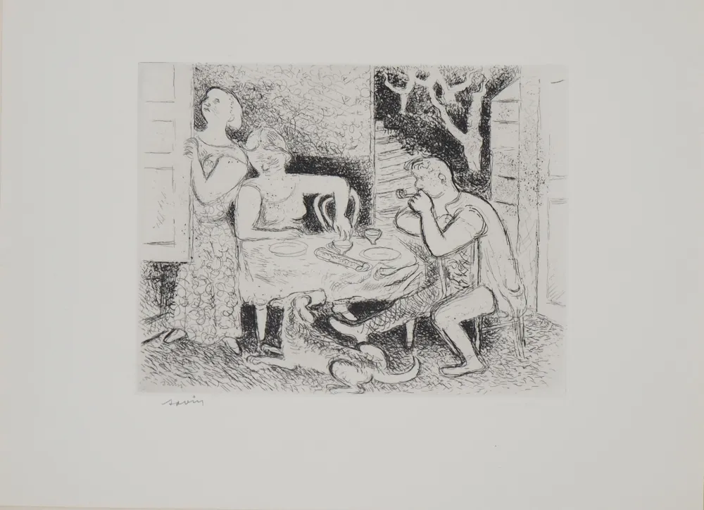 版画 Savin  - Repas à la campagne