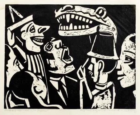 木刻 Scheele - Leute vergnügen sich mit Puppen (People having fun with puppets)