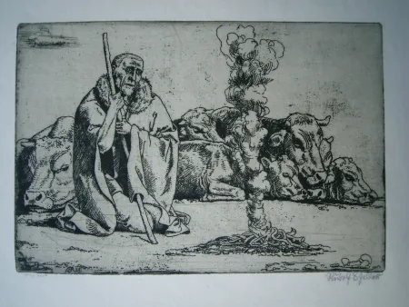 版画 Scheller - Hirt am Feuer