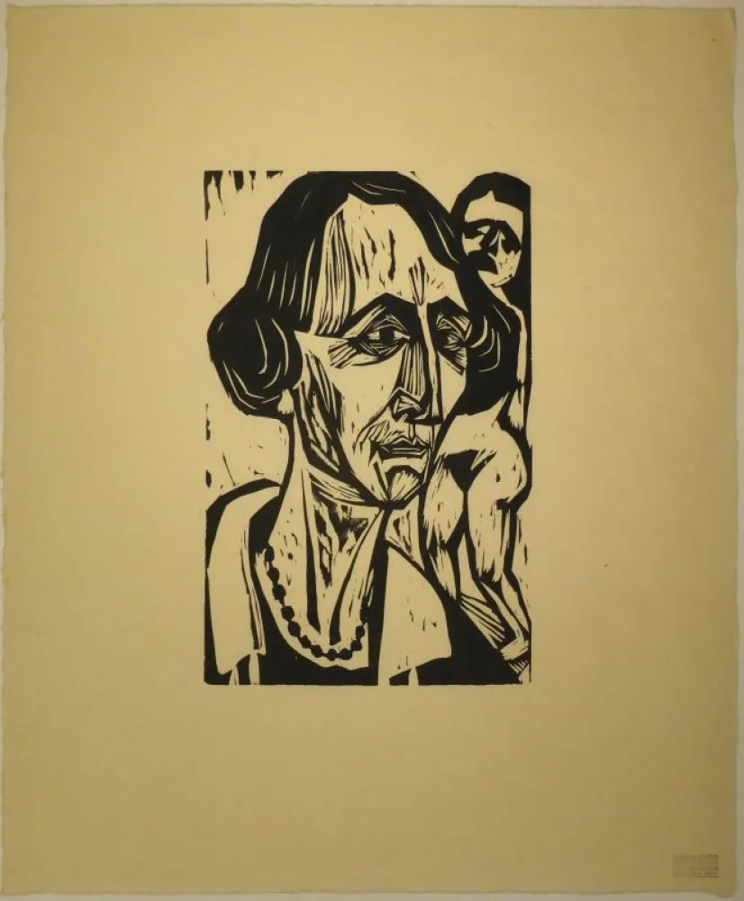 木刻 Scherer - Frauenkopf mit Akt