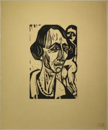 木刻 Scherer - Frauenkopf mit Akt