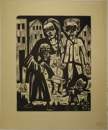 木刻 Scherer - Vier Figuren vor Häusern