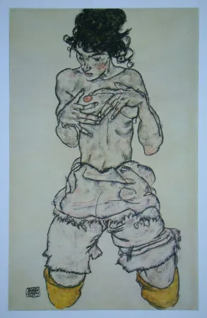 胶版印刷 Schiele (After) - Halbnackte kniende Frau