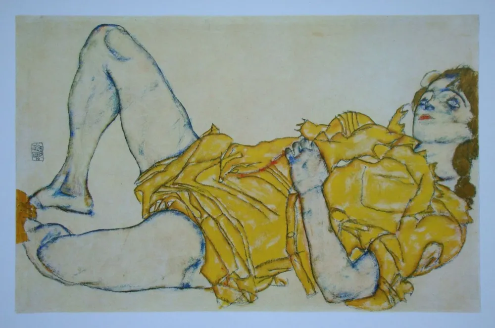 胶版印刷 Schiele (After) - Mädchen im gelben Kleid
