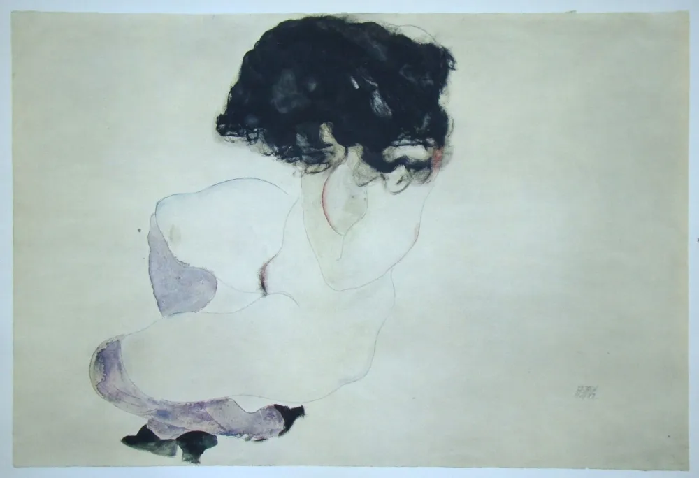 丝网印刷 Schiele (After) - Weiblicher Akt mit violetten Strümpfen