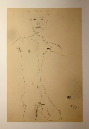 石版画 Schiele - AUTOPORTRAIT / SELF-PORTRAIT - Lithographie / Lithograph - 1912