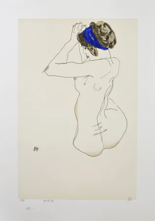 石版画 Schiele - La fille au turban bleu, 1912 / The girl with blue headband, 1912