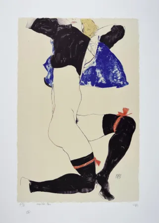 石版画 Schiele - La fille aux bas noirs et jarretières rouges, 1913 | The girl with black stockings and red garters, 1913