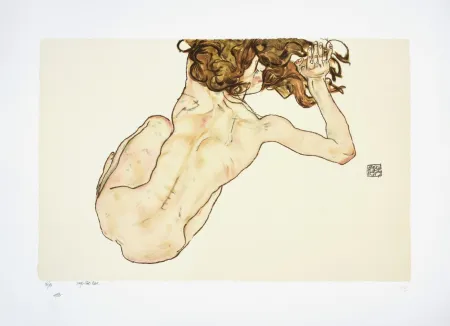 石版画 Schiele - La fille aux cheveux roux, 1917 I Girl with red hair, 1917 (Kauernder Rückenakt / Crouching Nude, Back View)