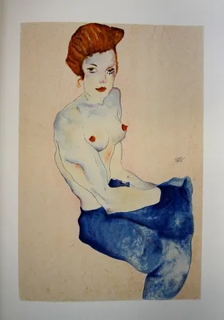 石版画 Schiele - LA FILLE EN ROBE BLEUE / THE GIRL IN THE BLUE DRESS - Lithographie / Lithograph - 1911