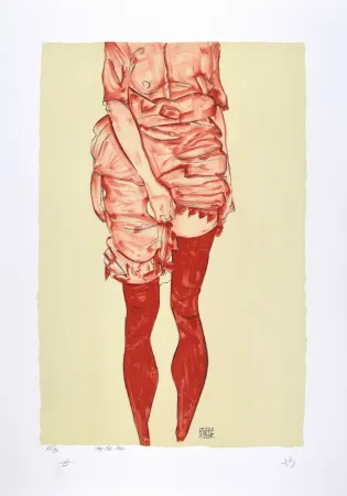 石版画 Schiele - La fille en rouge, 1913 | The girl in red, 1913