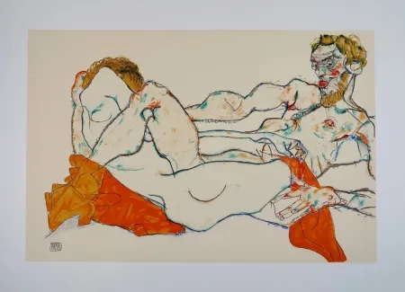 石版画 Schiele - LE DRAP ROUGE / THE RED SHEET - 1913