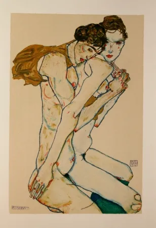 石版画 Schiele - LES 2 AMIES / FRIENDSHIP - Lithographie / Lithograph - 1913