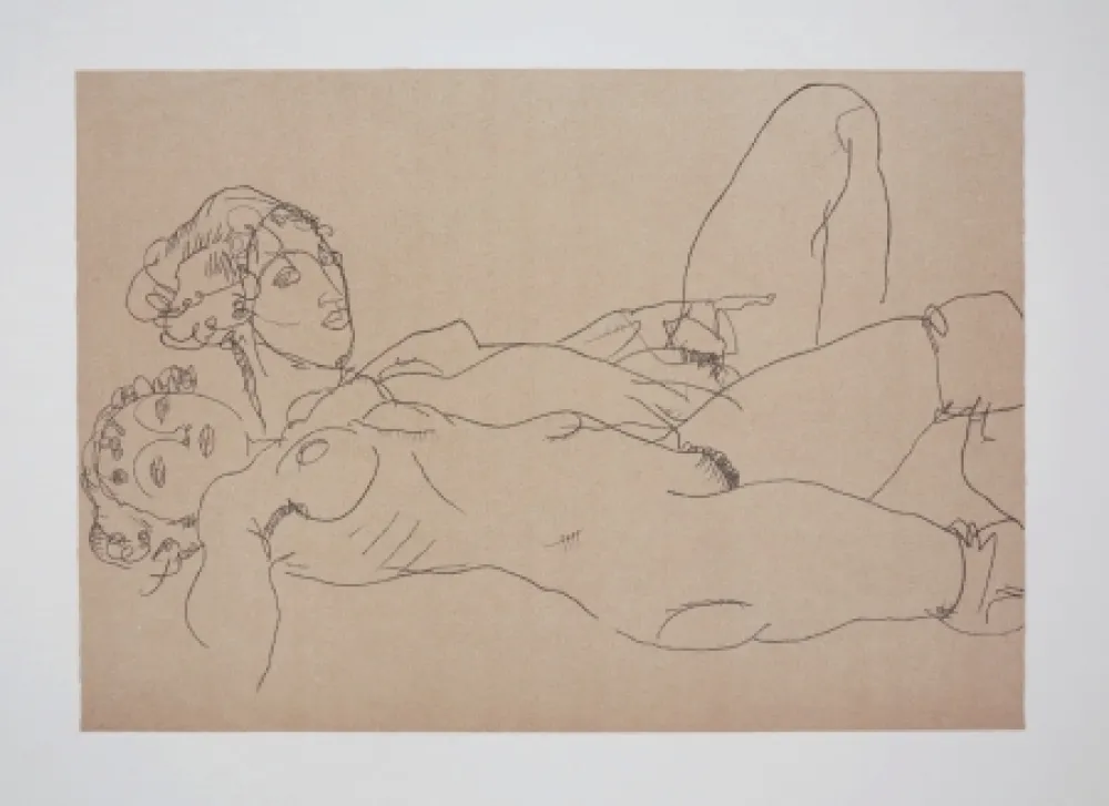 石版画 Schiele - LES 2 FILLES / TWO GIRLS - 1914