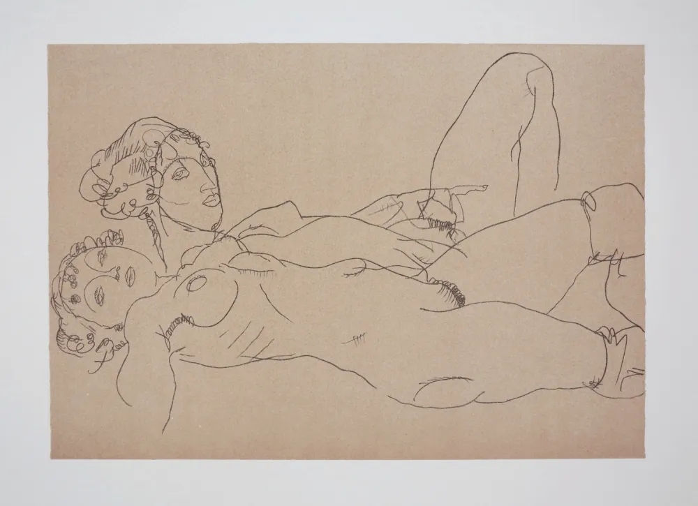 石版画 Schiele - Les 2 filles / Two girls, 1914 (Two recicling nude girls)